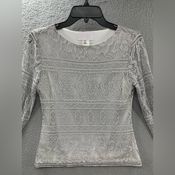 Vue Point Women S Long Sleeve Lace Croche Lined Metallic Gray Blouse Made in USA - Picture 3 of 14